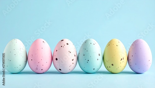 Pastel Easter Eggs in a Row on Blue Background