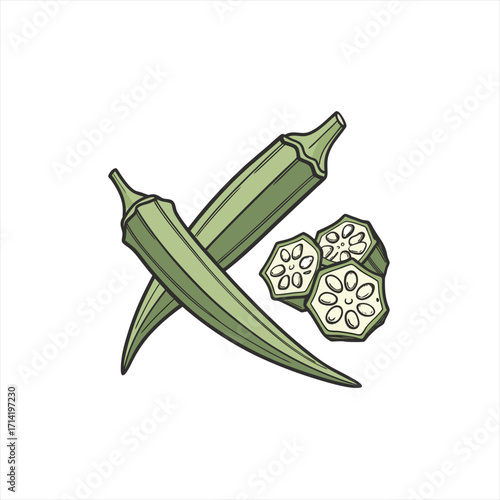 Two whole okra pods and three sliced okra pieces on a white background