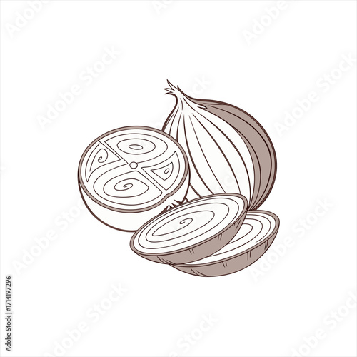 Stylized illustration of a whole onion and sliced onions on a white background