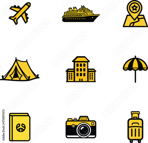 Bold Yellow Travel Icons: Airplane, Cruise Ship, Map, Tent, Hotel, Umbrella, Passport, Camera, Suitcase; Flat Design, Adventure Mood.