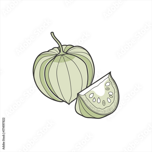 Illustration of a whole tomatillo and a slice showing seeds