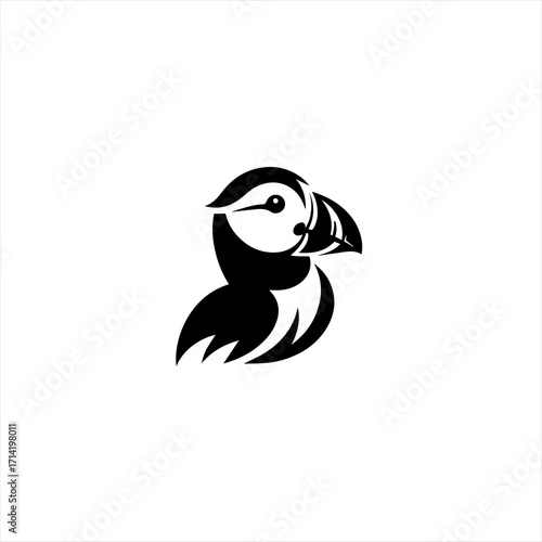 Stylized black and white puffin bird logo design