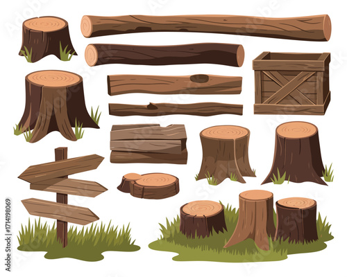 An Illustration of a Collection of Wooden Elements Including Tree Stumps, Logs, and Crates on a Grassy Surface