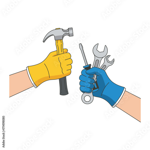 Hands in gloves holding tools for repair and construction work