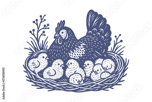 Hen with chicks in nest engraved vintage sketch vector illustration