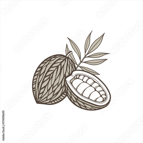 Hand drawn illustration of a cocoa pod and its opened half with beans