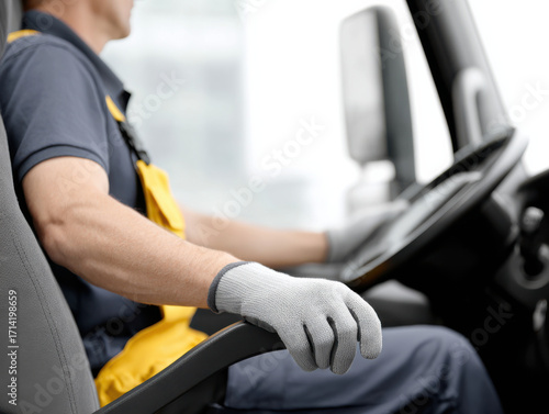 Driver advice concept with man wearing gloves and uniform sitting in vehicle holding steering wheel focused on driving safely
