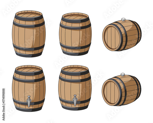 A set of six wooden barrels, depicted from various angles, some with spigots, presented in a clean, graphic illustration style