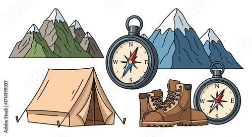 Outdoor adventure gear collection featuring mountains tent compass and hiking boot