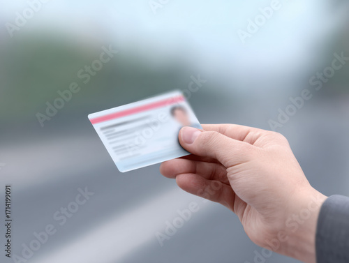Driver holds license card offering advice on safe driving and identification in blurred outdoor setting