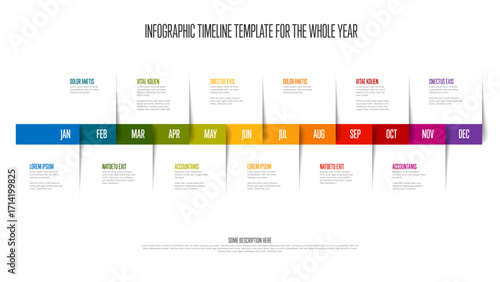 Vibrant and comprehensive infographic timeline template for the entire year, showcasing monthly segments. Infographic timeline visually organizes events and plans with clear, distinct monthly sections