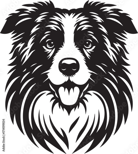 Border Collie Dog Vector Illustration, Black and White Silhouette, Pet Animal Design