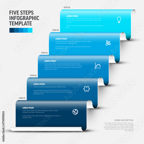 A visually appealing five-step infographic template, perfect for presenting steps or a process. This infographic template uses a gradient of blue colors for each step.