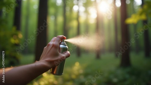 La mano de una persona aplicando repelente de insectos en aerosol contra un fondo borroso de árboles de un bosque denso