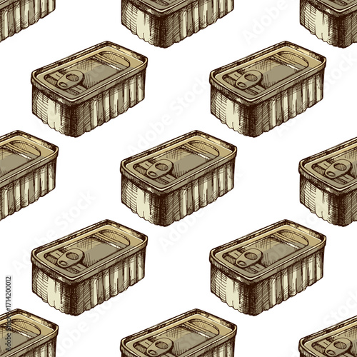 Hand drawn vintage seamless pattern of metal food can with pull tab lid in rustic engraving style