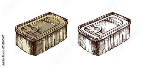 Hand drawn vintage sketch set of metal food cans with pull tab lids in engraving rustic style