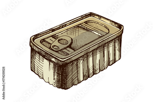 Hand drawn vintage sketch of closed metal food can with pull tab lid in engraving rustic style