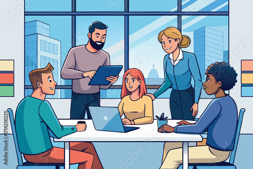 Diverse business team brainstorming around a table in a modern office symbolizing collaboration inno
