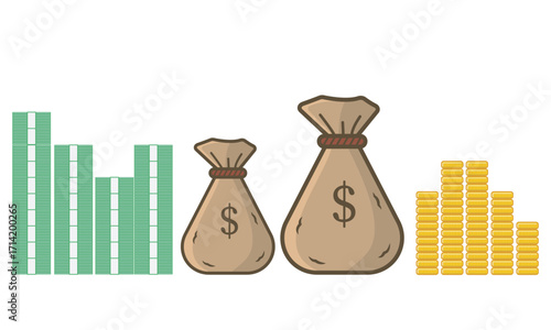 Vector illustration of money bags ,stacks of cash and piles gold coins symbol of wealth, savings, investment, profit, and financial growth perfect for concepts of banking, business , and economy
