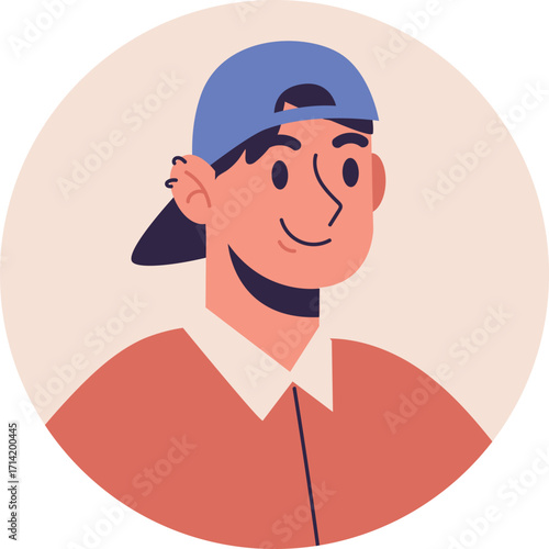 Cheerful Young Man Wearing a Blue Baseball Cap and Red Shirt.