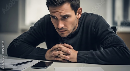 A concerned and pensive man sits at a desk with his hands clasped, looking down with a worried expression.