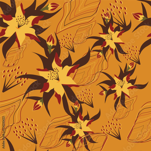 Print Autumn floral pattern stylized leaves fall foliage with vibrant leaves seasonal themed background illustration  wrapping paper, textiles, fabric, card, backgrounds, seasonal products, stroy,