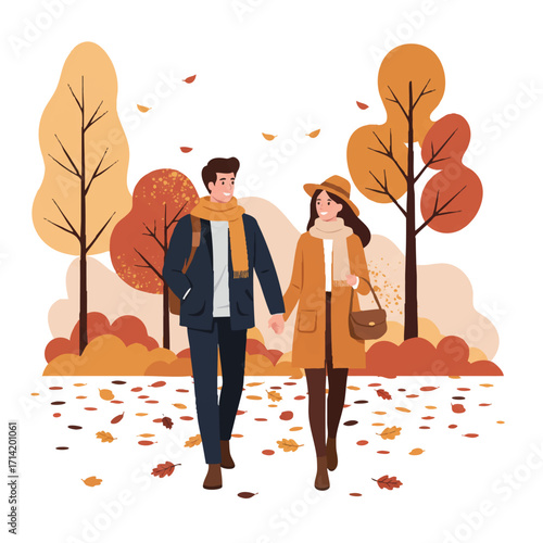 A vibrant 2D flat vector illustration captures a young couple walking hand-in-hand through an autumnal park, surrounded by colorful fallen leaves and simplified trees.