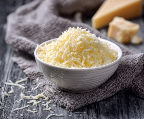 Shredded parmesan on grey wooden table.