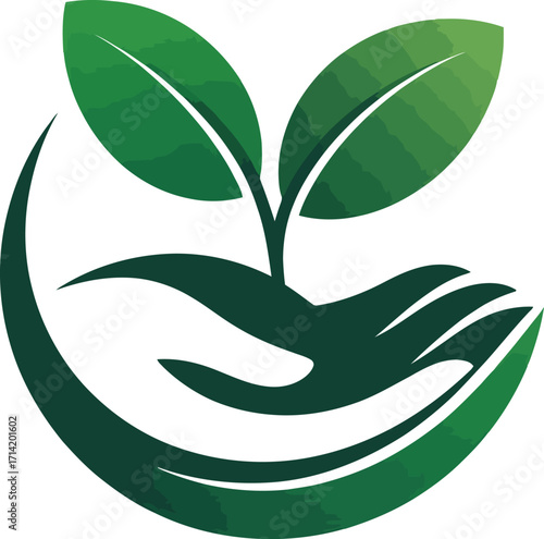 Hand holding a seedling, symbolizing nurturing growth. This logo features a hand gently holding a small seedling with two leaves.