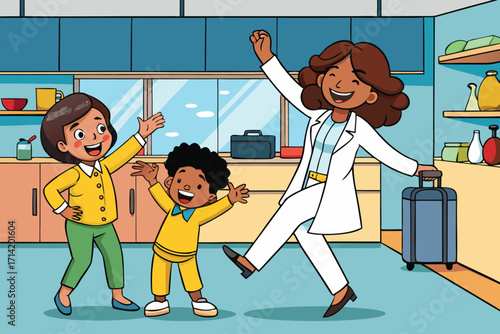 Happy African American female doctor returning home to joyful family celebrating success and togethe