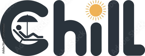 Relaxing Chill Logo with Sun and Person in Lounge Chair.  A logo promoting relaxation and leisure.
