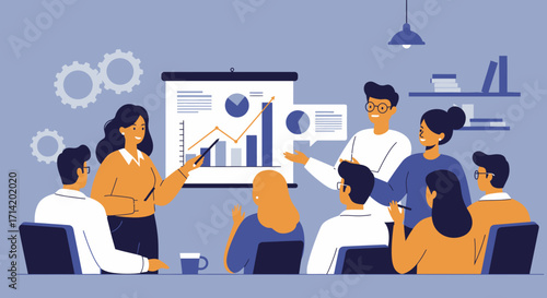 Team collaboration on business growth presentation in office meeting room