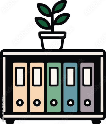 Pastel Office Files Cabinet Plant Minimalist Icon Illustration

