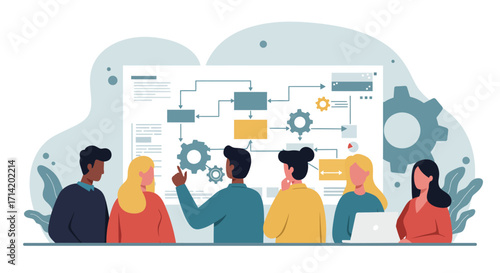 Business team collaborating on workflow process with flowchart diagram