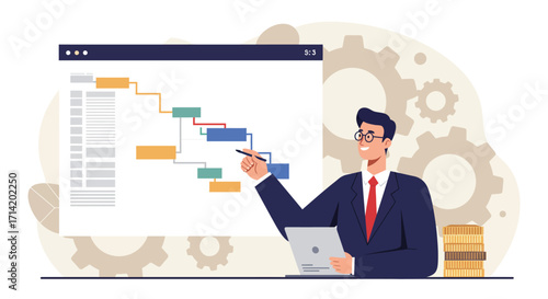 Business professional presenting gantt chart with laptop and gear background