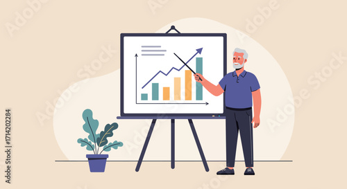 Businessman presenting growth chart on easel with arrow and bar graph