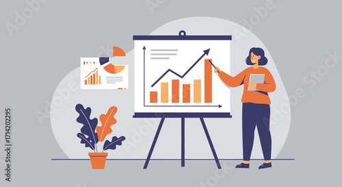 Business growth concept with flat design chart and analysis elements