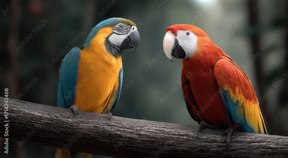 Obraz premium Two vibrant parrots perched on branch, colorful feathers, tropical forest background, cheerful mood