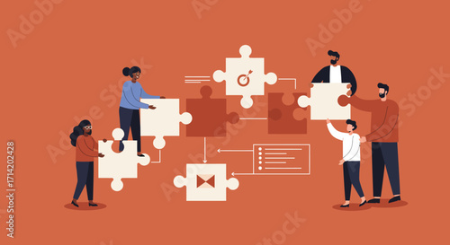 Team collaboration concept with puzzle pieces in flat design on red background