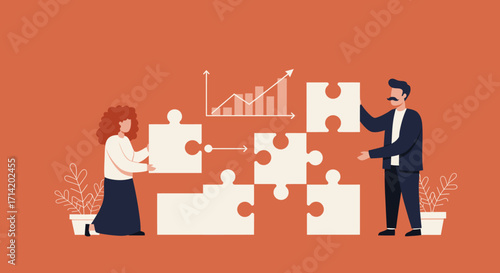 Collaborative problem solving with puzzle pieces and growth chart in modern flat design