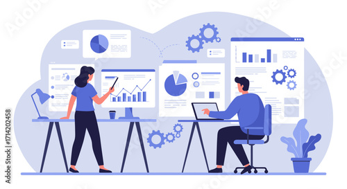 Business team analyzing data with laptops and charts in modern office setting