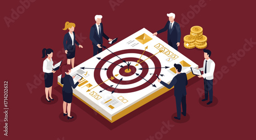 Business strategy and teamwork concept with isometric target and office team