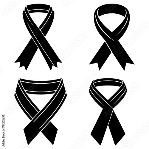 Four black ribbons displayed in a square formation against a white background with varying designs and shapes