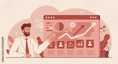Business analyst presenting data visualization with growth charts in modern workspace