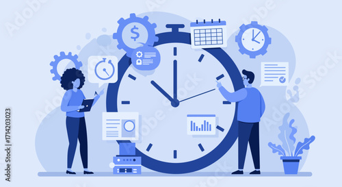 Concept of time management with clock and business elements in minimalist blue design