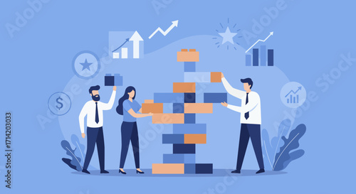 Business team building activity with jenga blocks and growth charts in flat design