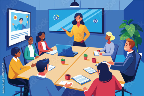 Confident businesswoman leads a diverse team meeting in a modern office representing collaboration s