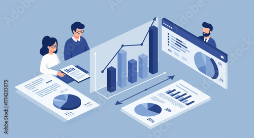 Isometric business analytics meeting with graphs and charts in blue tones