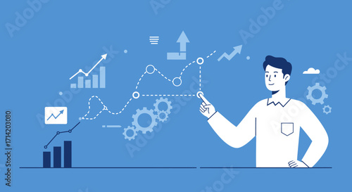 Business growth analysis with data charts and graphs in flat style
