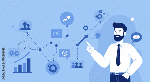 Business strategy concept with linear blue infographic elements and professional character
